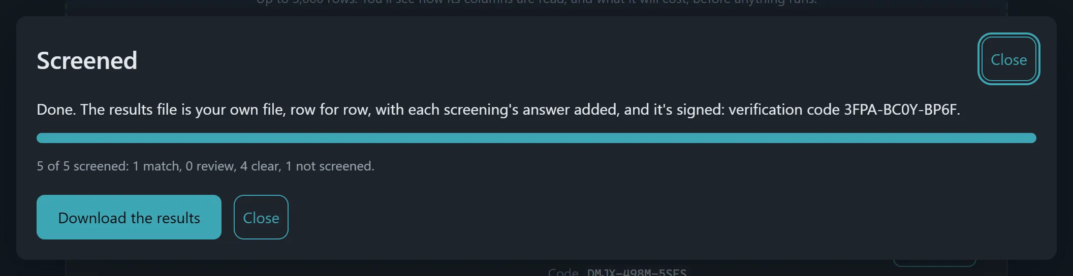 The file screened, with the results ready to download