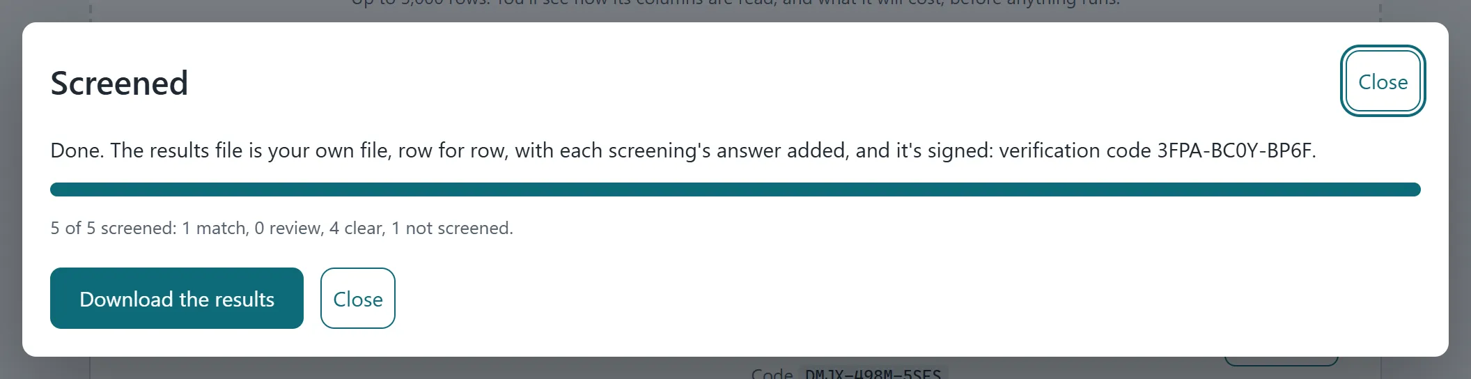 The file screened, with the results ready to download