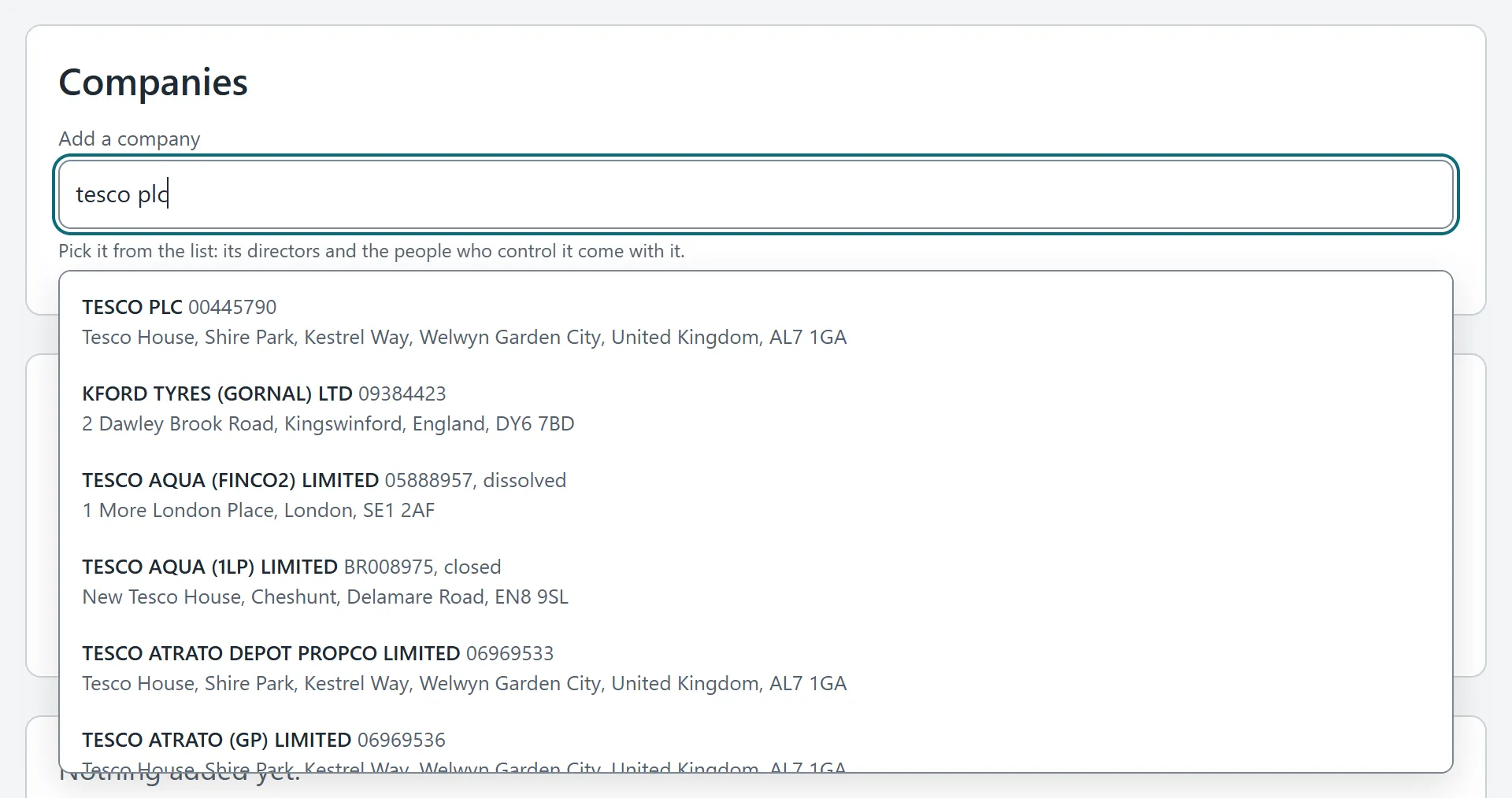 Typing a company's name, with Companies House's matches listed