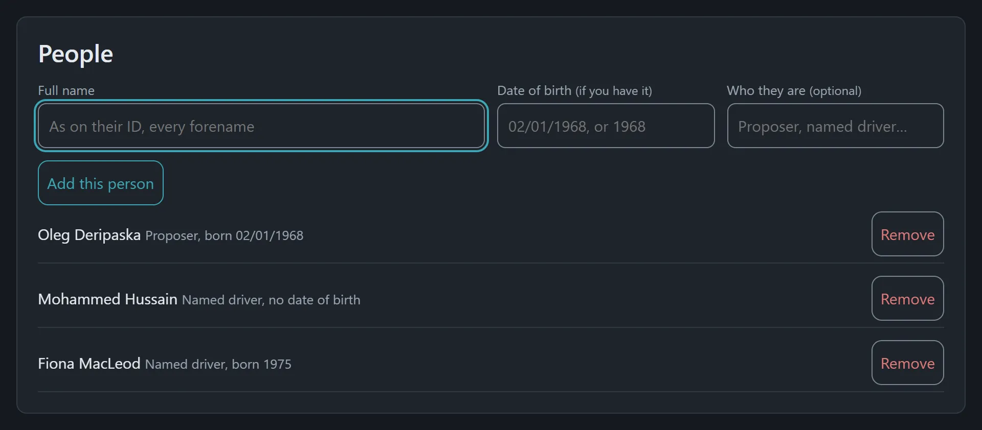 Three people added, each with a date of birth and role