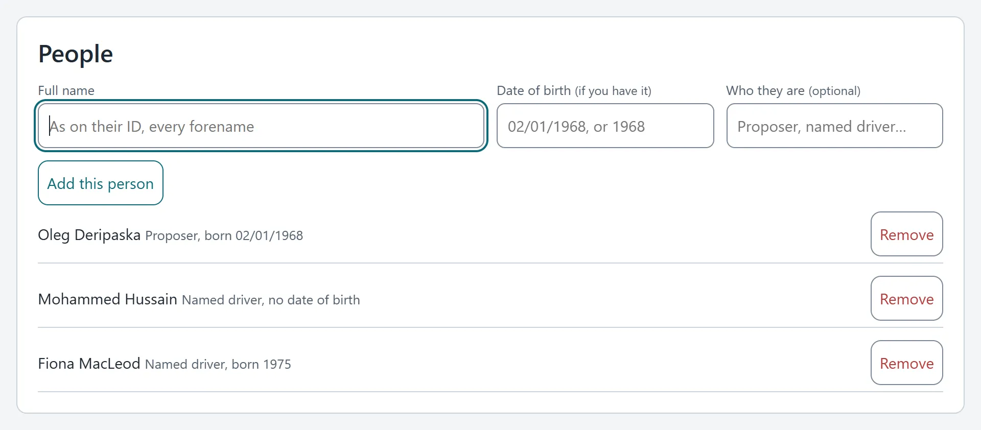 Three people added, each with a date of birth and role