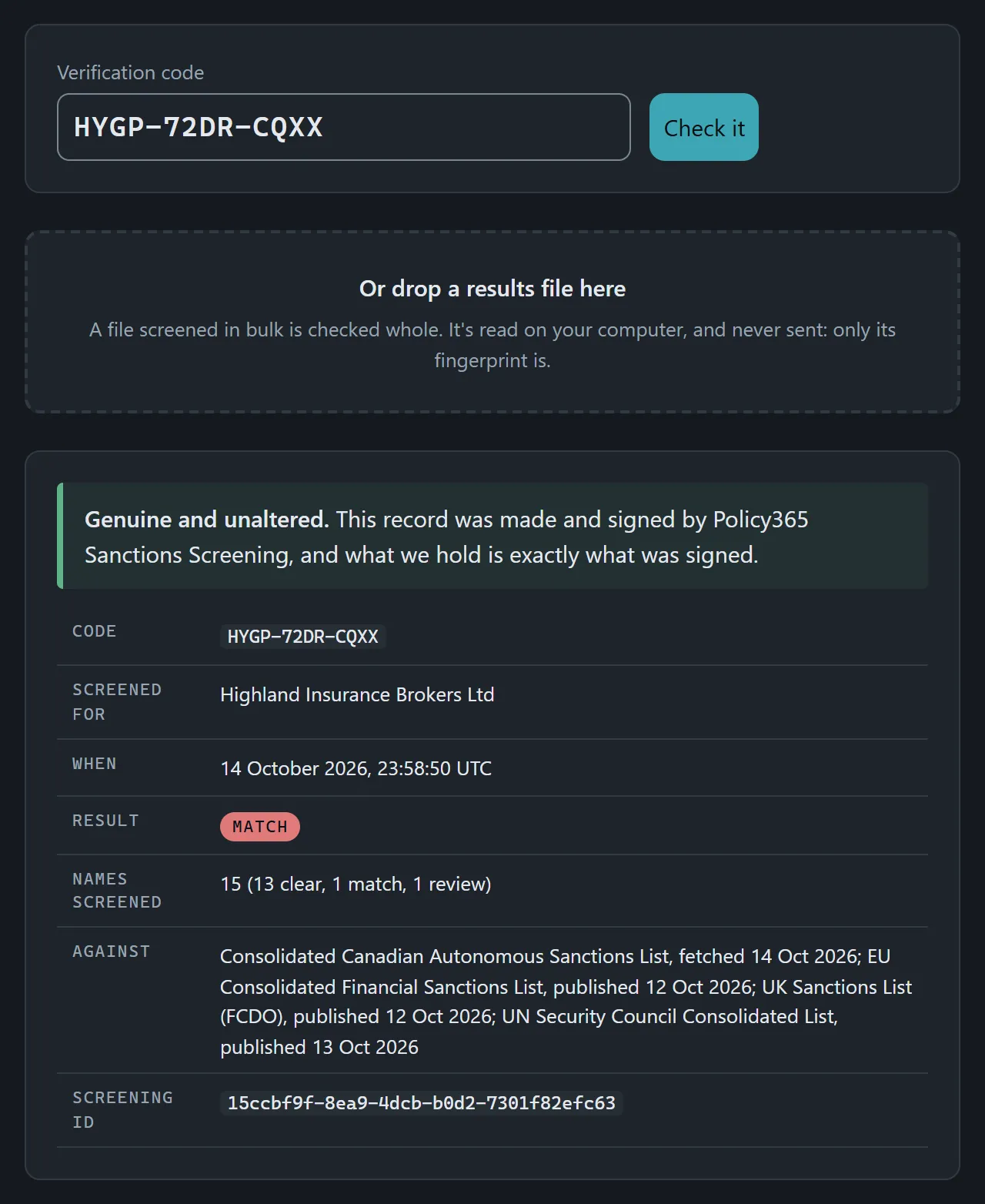 The Verify page saying a record is genuine and unaltered